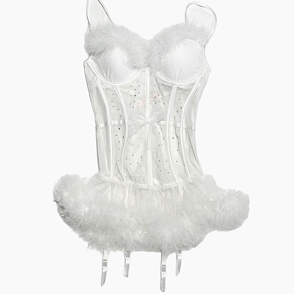 Victoria's Secret Other - Victoria’s Secret Corset Lingerie White Rhinestone Bustier Feather Trim Ruffle